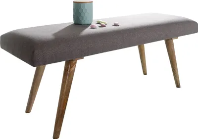 Produktbild von Sitzbank Stoff / Massivholz Bank Grau 117x51x38 cm im Retro Stil | 2er Polsterbank Flur | Gepolsterte Stoffbank Esszimmer Braun | Kleine Bettbank Baumwolle | Flurbank Dielenmöbel schmal