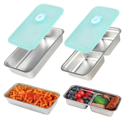 Productafbeelding van Set van 2 roestvrijstalen lunchboxen met siliconen deksels, snackboxen van roestvrij staal 304, lekvrij, rechthoekige opbergbakken met compartimenten, geschikt voor school en kantoor