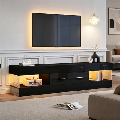 Immagine prodotto di Mobile TV Merax con LED e 2 cassetti, mobile TV basso con ripiani aperti e vetro acrilico, mobile TV moderno da salotto, nero