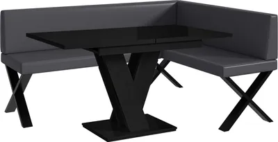 Produktbild von MEBLINI Eckbank für Esszimmer mit ausziehbarem Tisch - Küchenbank - Essecke - Sitzecke Küche - TONI - X-Beine 128x168x87cm Rechts - Grau Kunstleder/M Schwarz Hochgl.