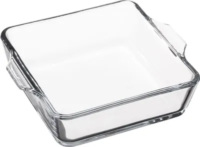 A clear glass square baking dish with handles.