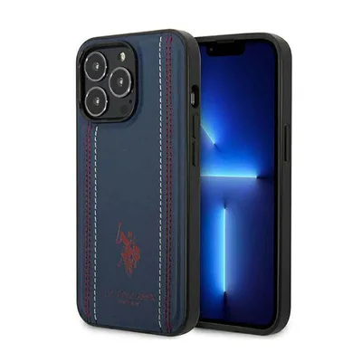 A dark blue iPhone 14 Pro case with red and white stitching and a red logo is shown next to an iPhone 14 Pro.