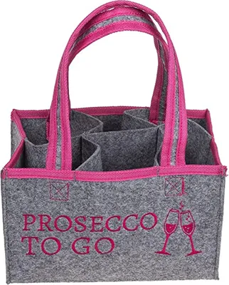 A grey felt bag with pink trim and handles, designed to hold six bottles. It has the words "PROSECCO TO GO" embroidered on the front, along with an image of two clinking champagne glasses.