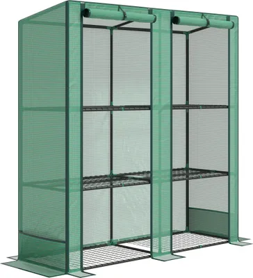 Image de Outsunny Serre de jardin PE avec étagères 3 niveaux, serre de balcon, bâche renforcée 140 g/m², châssis en acier, 2 portes zippées enroulables, pour légumes plantes fleurs, 144 x 48 x 152 cm, vert
