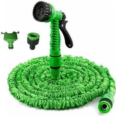 Image de Tuyau d'arrosage extensible vert de 15 mètres, adaptable, avec buse à 7 jets