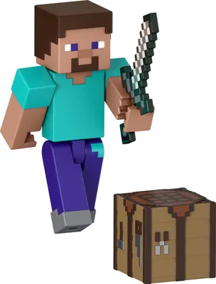 A Minecraft action figure of the character Steve, holding a sword, and a crafting table accessory, on a white background.