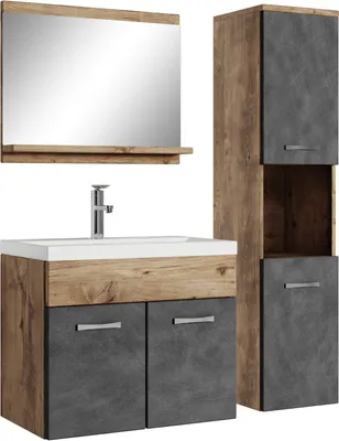 Immagine prodotto di Badplaats Set completo di mobili da bagno Montreal 60 x 35 cm Rovere castagno con grigio scuro - Mobili da bagno con lavabo, specchio e armadio da bagno
