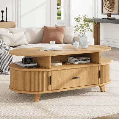 Image de Table basse ovale Merax avec 1 tiroir et 2 portes coulissantes, table de salon avec étagères ouvertes, table d'appoint pour canapé avec 4 pieds en MDF, finition naturelle