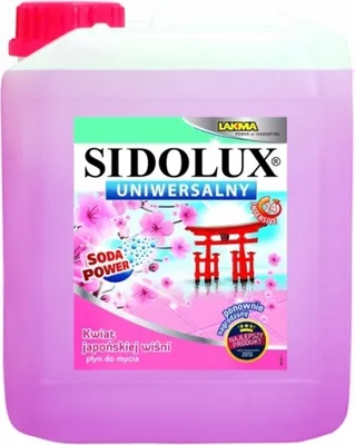 A large plastic container of cleaning liquid with a label featuring Japanese cherry blossoms and a torii gate.