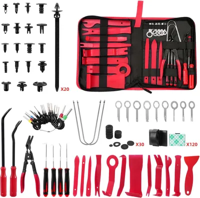 Produktbild von 238-tlg. Auto Audio Demontage Werkzeug Set - Nylon Verkleidungsheber - Innenraum Panel- und Clipentferner - Mittelkonsole & Türverkleidung - Rot