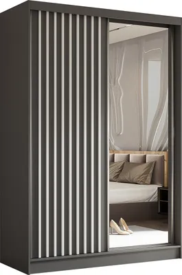 Produktbild von Masseno Schiebetürenschrank LAMELLO 150 cm Kleiderschrank Schlafzimmer Schrank 2-türig mit Spiegel und Lamellen Grau