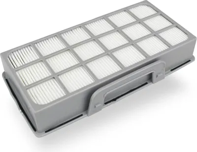 Close-up view of a gray vacuum cleaner filter.