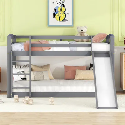 Produktbild von Etagenbett für Kinder und Jugendliche, Kinderbett mit Rutsche, Massivholzrahmen, einfache Montage, 90x200cm, Grau