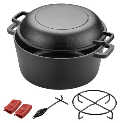 Obrázok produktu pre Wiltec 2v1 Dutch Oven 32 x 26 x 16 cm liatinový grilovací hrniec, pekáč plus pokrievka, ohnisko vrátane stojana na hrniec, držiaka na pokrievku a rukovätí