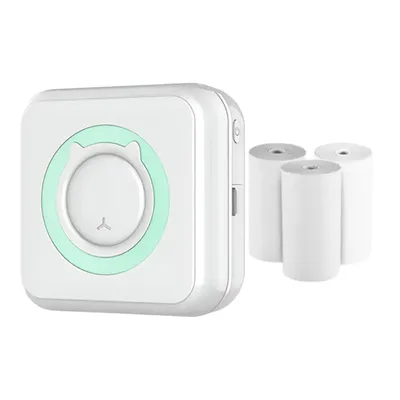 A white portable USB thermal printer with a green accent and three rolls of thermal paper.