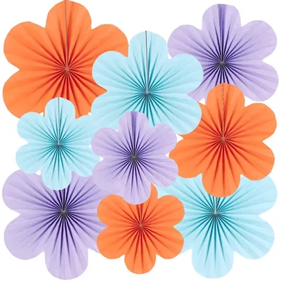 Produktbild von 9 Stück Einschulung Deko Papier Blumen Girlande A-blau Orange Lila Set