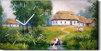 Produktbild von Küchenuhr Bürouhr Leinwand Uhr Quarz 60x30 Foto Dorf Ukraine Landschafts Malerei - weiße Hände