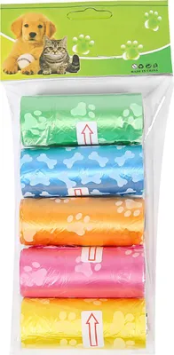 Produktbild von Hundekotbeutel farbig mit Pfotenaufdruck, 5 Rollen á 14 Stück, aus Kunststoff, für Beutelspender