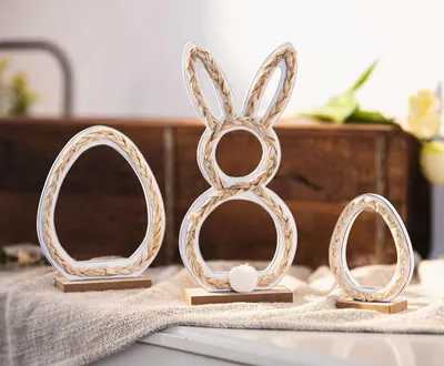 Produktbild von 3x Osterdeko "Natur" Dekofigur aus Holz & Seegras, 12 - 27 cm hoch, Osterhase & Ostereier
