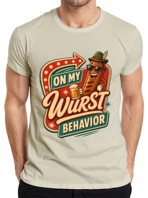 Imagen del producto de Camiseta para hombre con diseño "My Wurst Behavior", con motivos de bratwurst, cerveza, , lederhosen y dirndl. Color: natural. Talla: L