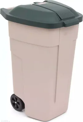 A beige trash can with a green lid and wheels, shown against a white background.