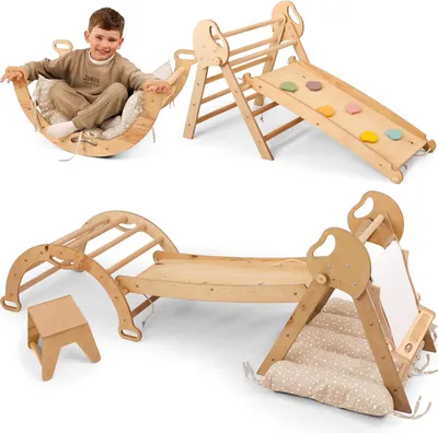 Image de Structure d'escalade 5 en 1 d'intérieur en bois avec toboggan – Triangle d'escalade Montessori pour enfants à partir de 1 an, aire de jeux d'intérieur, ensemble d'escalade pour bébés, escalade d'intérieur