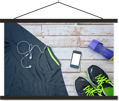 Produktbild von MuchoWow® Textilposter Das Sportshirt und die Schuhe sind bereit für ein Fitnesstraining 120x80 cm mit schwarzem Rahmen - Wanddeko