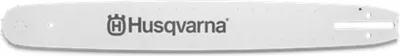 A white chainsaw bar with the Husqvarna logo and name printed on it.