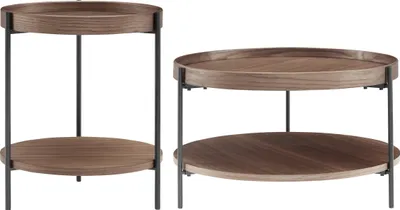 Produktbild von SalesFever Couchtisch 2er-Set | rund | je 2 Ablageflächen | MDF mit Eschenholzfurnier | B 69/44 x T 69/44 x H 39/49 cm | Walnuss – Schwarz