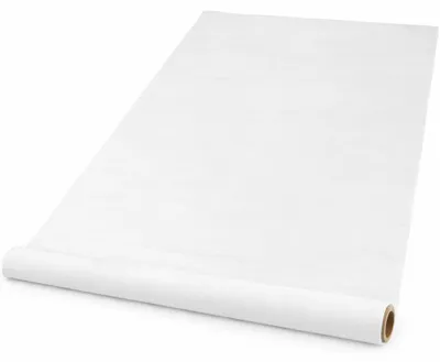 Weißer Bodenläufer aus Polyester-Vlies leicht ausgerollt auf weißem Hintergrund, ideal für Events und Feiern.