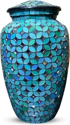 Image de Urnes XXL pour humains et animaux domestiques Cendres - 3,5 L | Aluminium pour chiens et chats | Urne durable et résistante à la rouille pour humains | Urne en mosaïque de verre bleu avec  couvercle