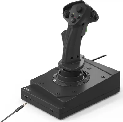 A black flight stick controller with a black base is shown against a white background. A cable is plugged into the front of the base.