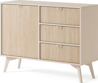 Produktbild von Kommode FOREST KSZD106 mit 3 Schubladen + Türen Schrank Wohnzimmerschrank Sandbeige / Scandi Fischgrät
