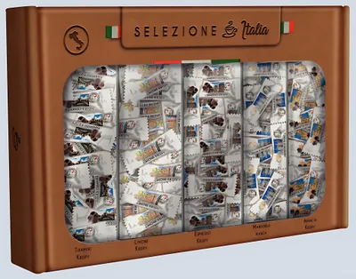 Produktbild von Hellma Italian Selection, Selezione Italia, 5 verschiedene Sorten, schokoliert, Tiramisu, Zitrone, Espresso, weiße Mandel, Orange, einzeln verpackt, 5 x 40 Stück