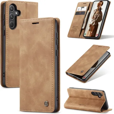 A collage of images showing a brown leather flip case for a Samsung Galaxy A36 5G phone from various angles.