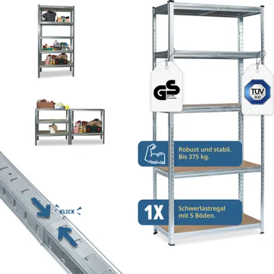 Produktbild von Grafner Schwerlastregal 172x75x30 cm, mit 5 Böden aus MDF, maximale Belastung 375 kg, abgerundete Ecken, Steckregal, Lagerregal Kellerregal