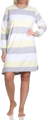 Zdjęcie produktu dla Damska koszula nocna frotte z długimi rękawami i mankietami - w paski - również w rozmiarach plus size; żółty.56/58