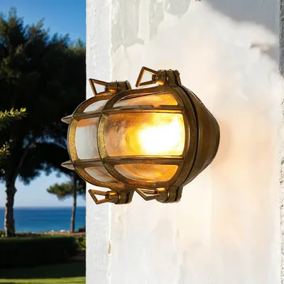 Produktbild von Außenlampe Wand IP64 E27 Glas Messing massiv Maritim Garten Haus Außenwandlampe