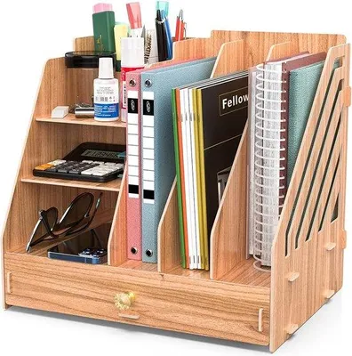 Produktbild von DigiRigi® Schreibtisch-Organizer Holzoptik – Dokumentenablage mit 3 Mappenhaltern, 3 Fächern, Schublade & Stiftehalter, MDF, 33 x 24 x 30 cm