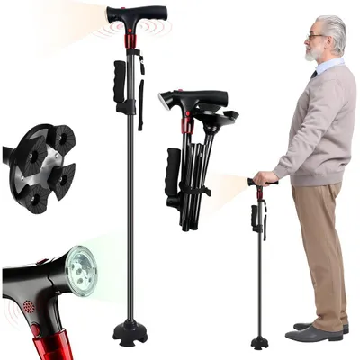 Produktbild von Klappbarer Gehstock mit LED & Alarm, ausziehbar 87–94 cm, rutschfeste 360° Basis, EVA‑Griff, zweiter Handlauf, leichtes Aluminium