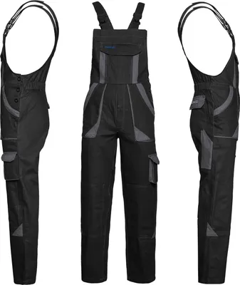 Three views of a pair of black work overalls with gray accents, presented on a white background.