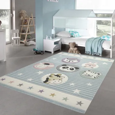 Immagine prodotto di Tappeto per bambini Animali Tappeto per la camera dei bambini Animali dello zoo in blu crema Dimensioni - 200 x 290 cm