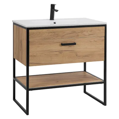 Produktbild von Waschtisch mit Keramik-Becken Industrial-Style MANHATTAN-56 in Gold Craft Oak Eiche schwarz B/H/T: 80/85/46cm