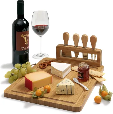 Immagine prodotto di Tagliere per formaggi, 35,5x28x1,5 cm, con set di coltelli per formaggio, in bambù, per la cucina