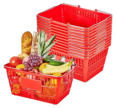 Obrázek produktu pro VEVOR nákupní koš, balení po 12 kusech, stohovatelný přenosný koš 21 l, plastový koš z PE s kovovými držadly, prodejní koš s nosností 9,07 kg, pro obchody s potravinami, maloobchody, supermarkety