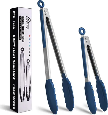 Two pairs of blue and silver kitchen tongs are displayed next to their packaging.