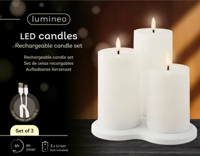 Produktbild von LED Kerzen mit Timer 12,5-17,5cm Wachs 3er Set Weiß / Warmweiß