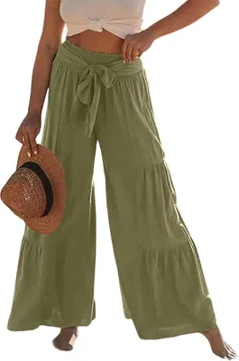 Produktbild von ASKSA Damen Weitem Bein Hose Elegant Hohe Taille Freizeithose Leichte Sommerhose, Armeegruen, Groesse: XL