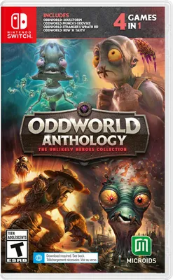 The image shows the front cover of a Nintendo Switch game case for Oddworld Anthology: The Unlikely Heroes Collection.