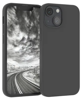 A dark gray silicone phone case is shown on the right, with a smartphone displaying a black and white image of a winding road and sky on the left.